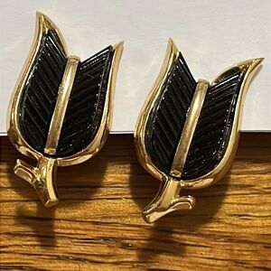 Crown Trifari Gold & Black Leaf Earrings